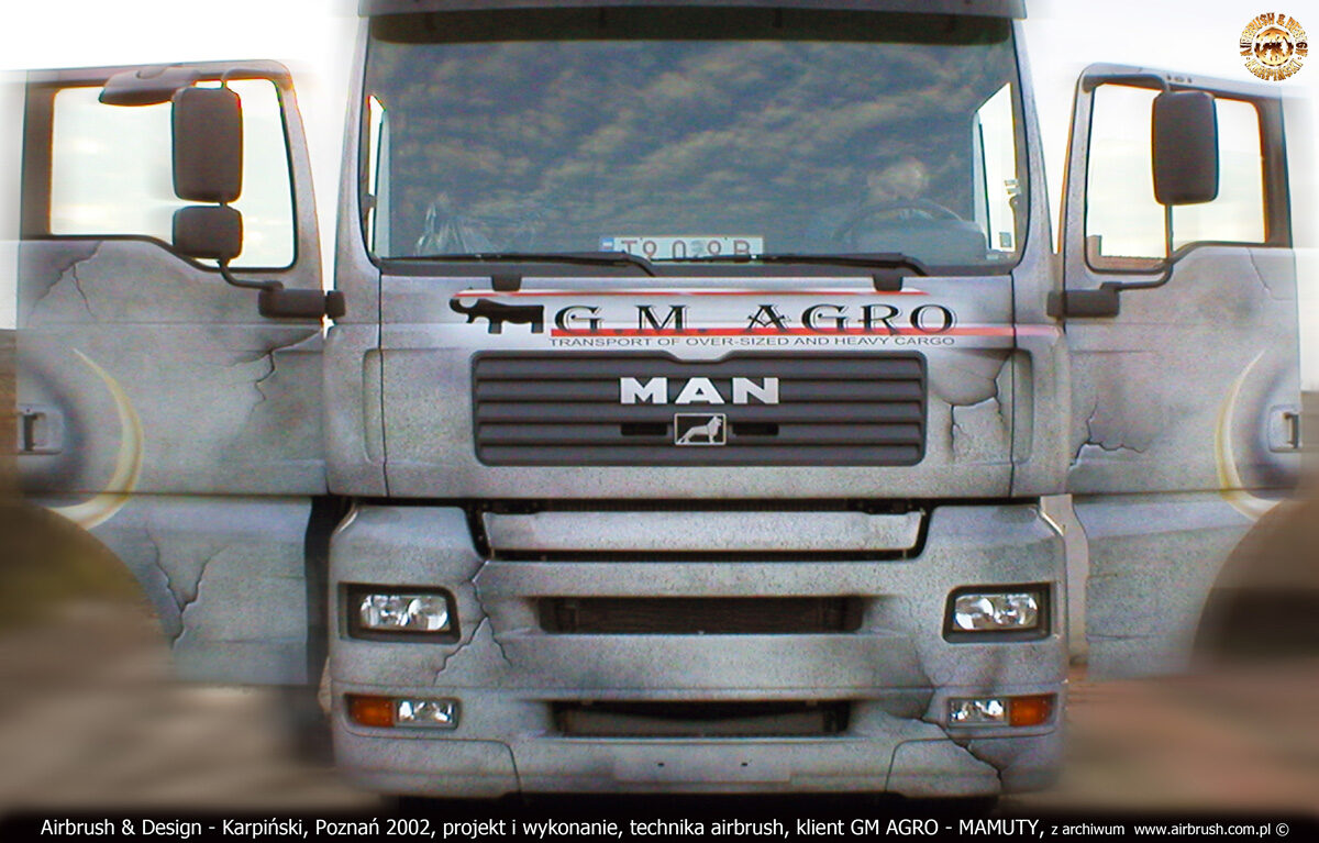 Projekt i reklama na samochodzie, ciągniku siodłowym MAN TGA 18.410 w technice airbrush dla GM Agro Mamuty.