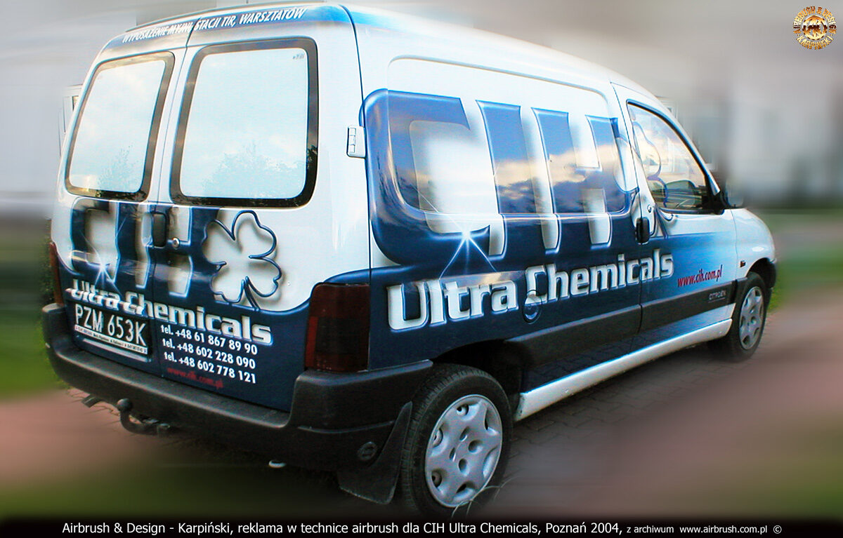 Reklama na samochodzie Citroen Berlingo w technice airbrush dla CIH Ultra Chemicals.