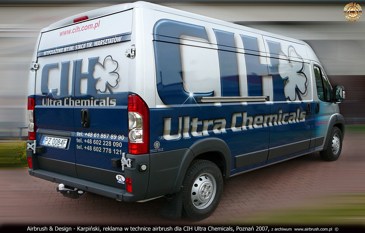 Reklama w technice airbrush na samochodzie Fiat Ducato dla CIH Ultra Chemicals.