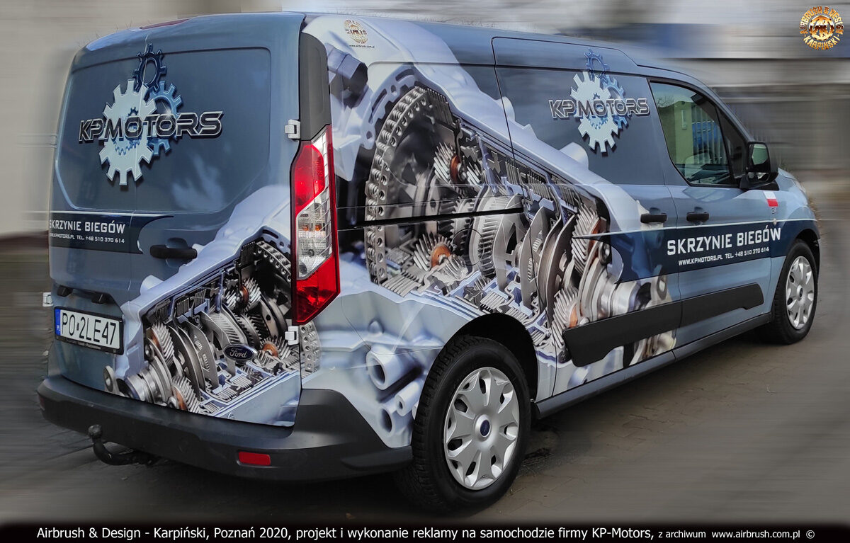 KP-Motors, skrzynie biegów - projekt i wykonanie reklamy na samochodzie Ford Transit Connect 2020 r.