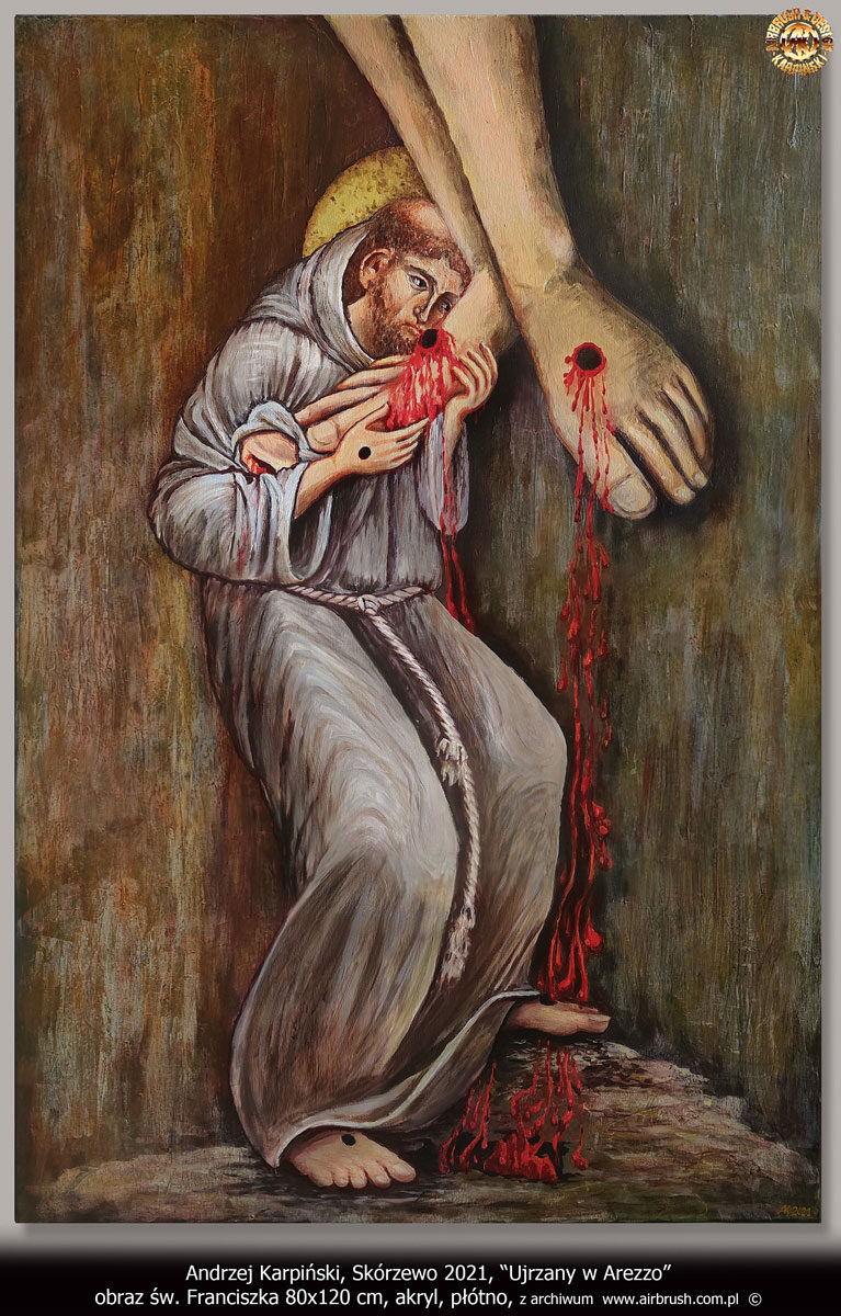 św. Franciszek "Ujrzany w Arezzo" 80x120 cm, akryl, płótno. Andrzej Karpiński, Skórzewo 2021.