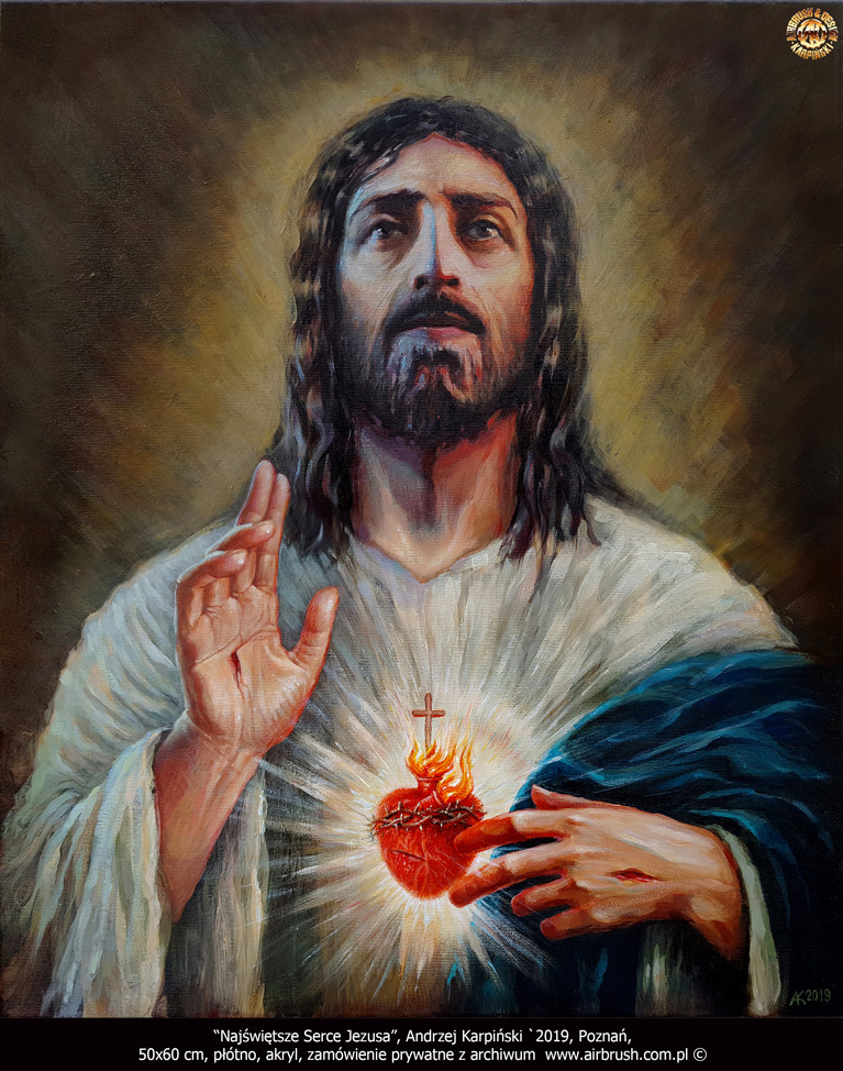 Pan Jezus - obraz "Najświętsze Serce Jezusa", Andrzej Karpiński `2019, Poznań, 50x60 cm, płótno, akryl, zamówienie prywatne.