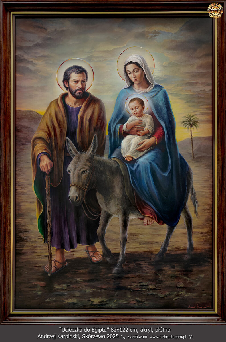 Ucieczka do Egiptu Świętej Rodziny, format 82x122 cm, akryl, płótno Andrzej Karpinski 2025