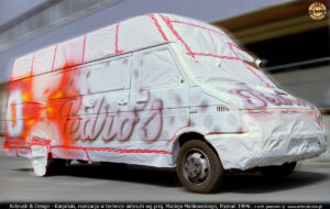 Proces malowania w technice airbrush reklamy kawy Pedros dla Strauss Cafe Poland na Iveco Daily 30-8 Maxi.