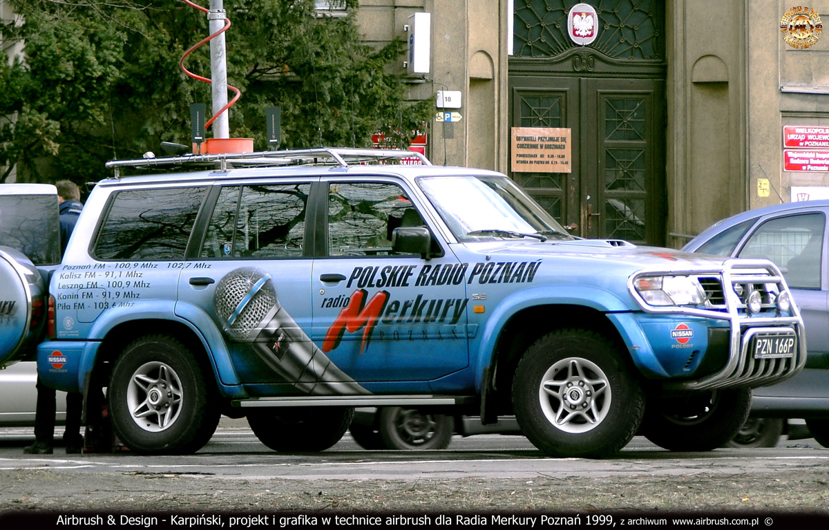 Projekt i wykonanie reklamy na samochodzie wozie transmisyjnym Radia Poznań 1999.