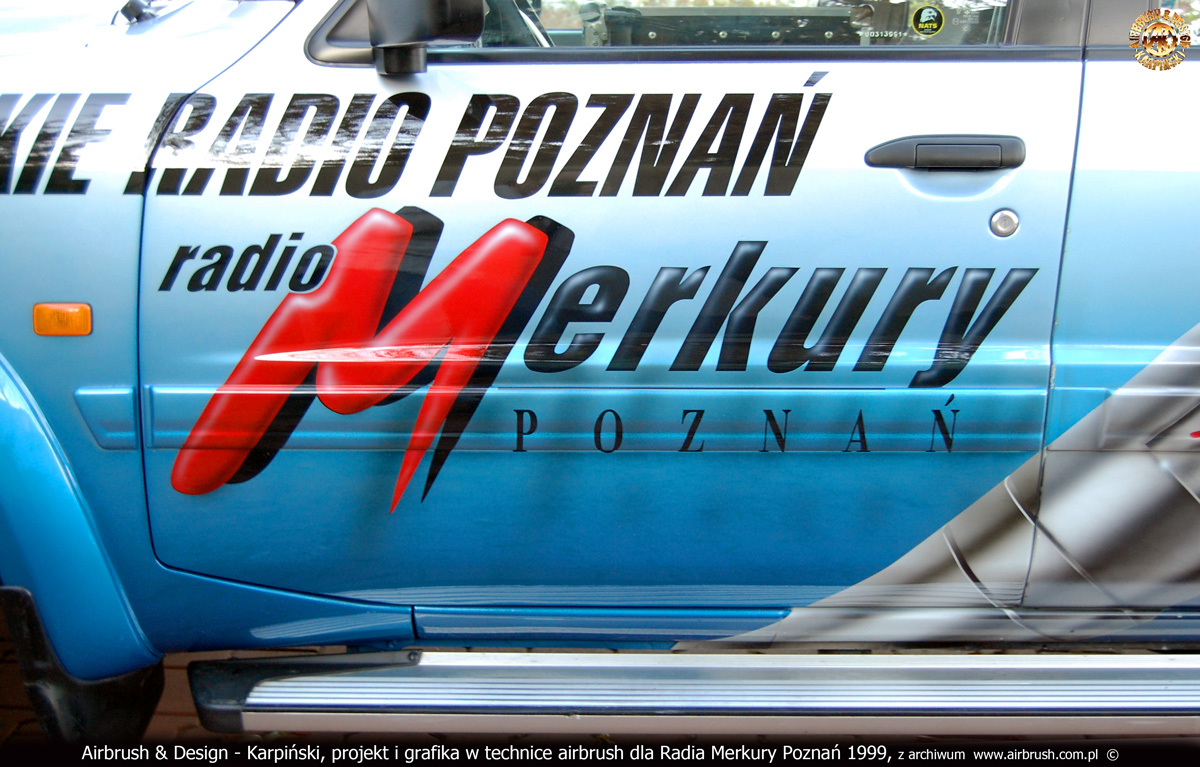 Projekt i wykonanie reklamy na samochodzie wozie transmisyjnym Radia Poznań 1999.