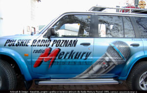 Projekt i wykonanie reklamy na samochodzie wozie transmisyjnym Radia Poznań 1999.