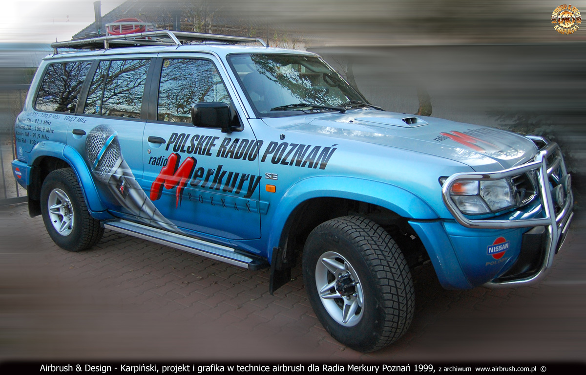 Projekt i wykonanie reklamy na samochodzie wozie transmisyjnym Radia Poznań 1999.