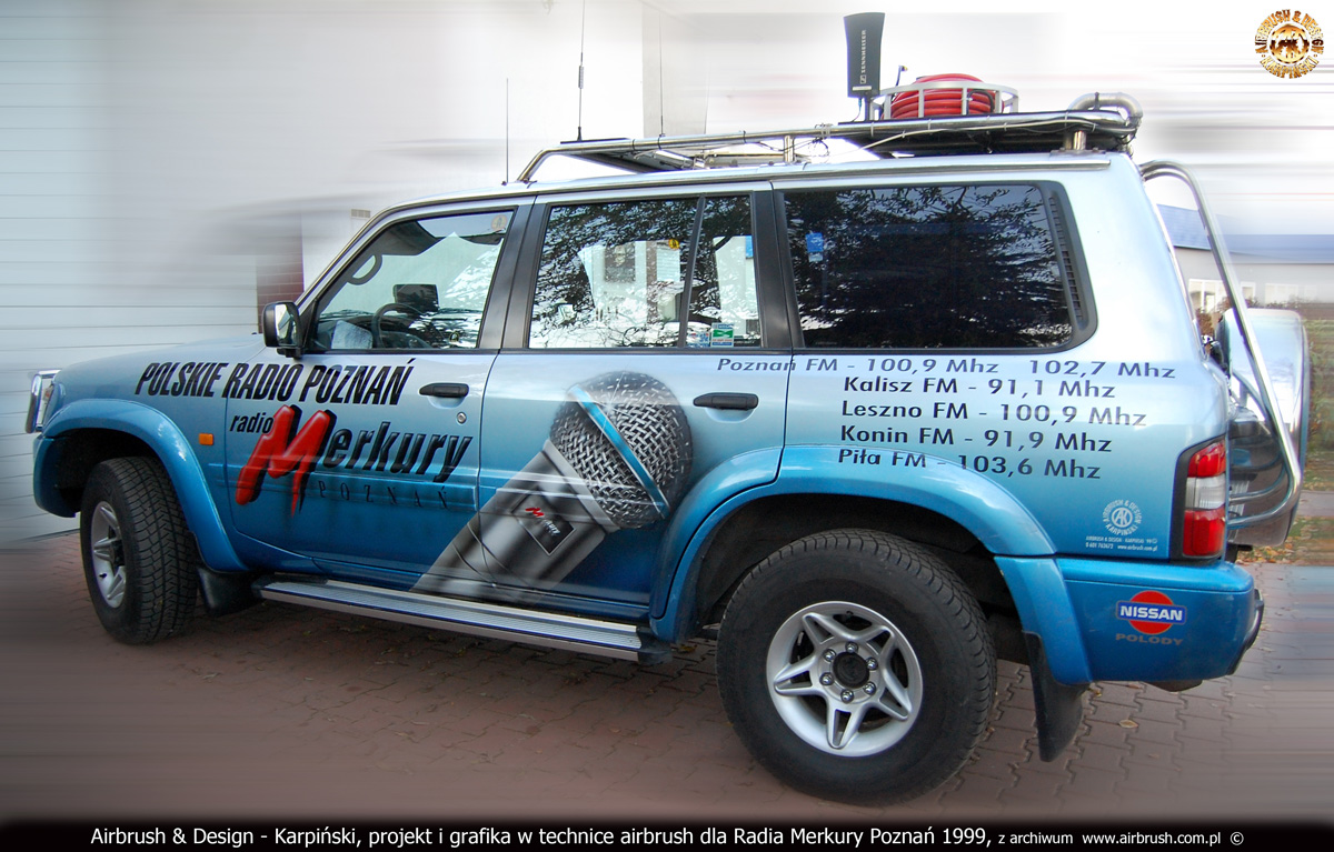 Projekt i wykonanie reklamy na samochodzie wozie transmisyjnym Radia Poznań 1999.