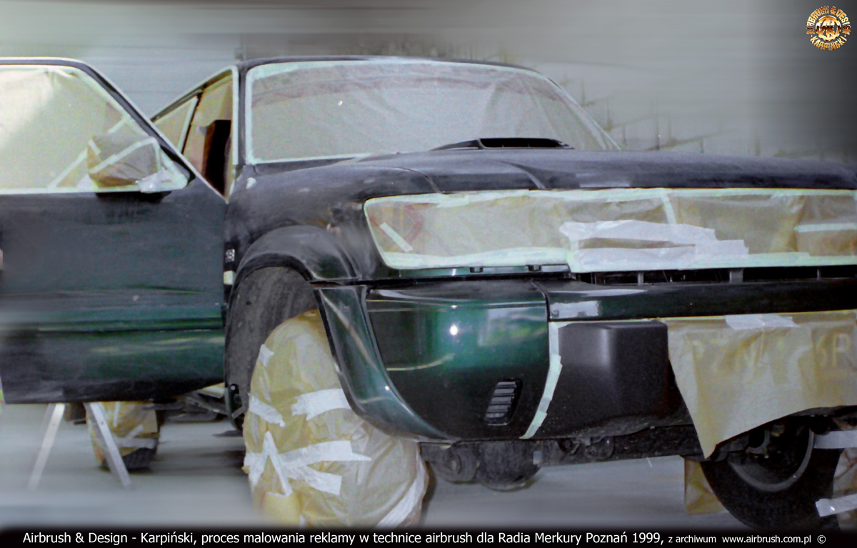 Proces malowania reklamy na samochodzie Radia Poznań 1999.