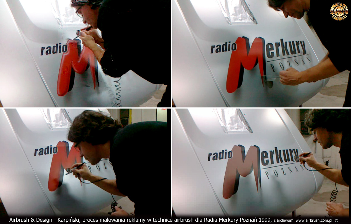 Proces malowania reklamy na samochodzie Radia Poznań 1999.