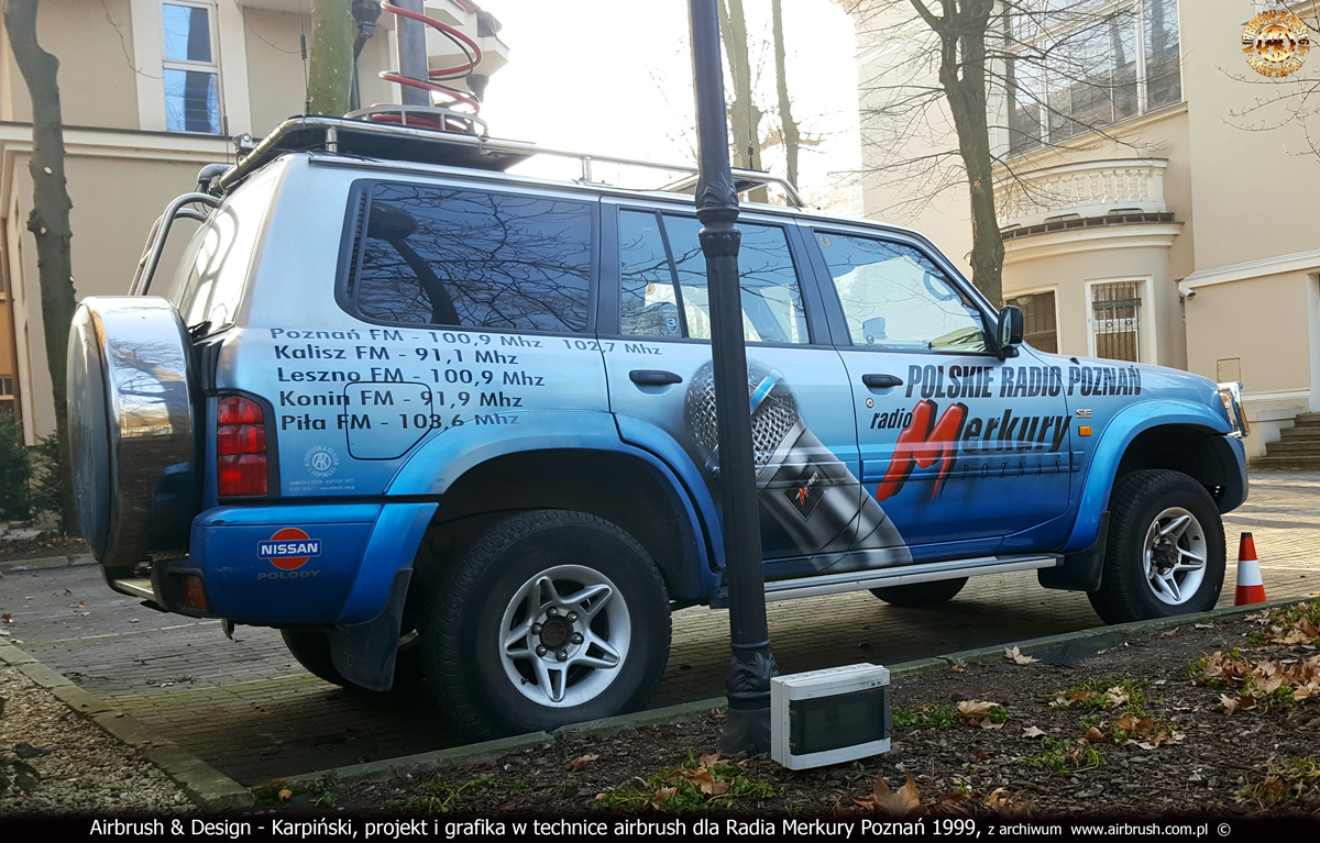 Projekt i wykonanie reklamy na samochodzie wozie transmisyjnym Radia Poznań 1999.