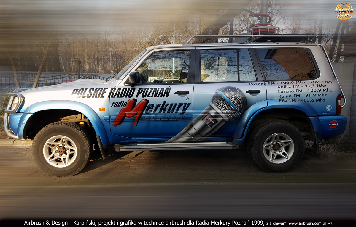 Projekt i wykonanie reklamy na samochodzie wozie transmisyjnym Radia Poznań 1999.