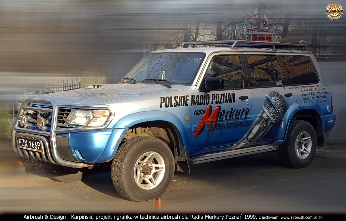 Projekt i wykonanie reklamy na samochodzie wozie transmisyjnym Radia Poznań 1999.