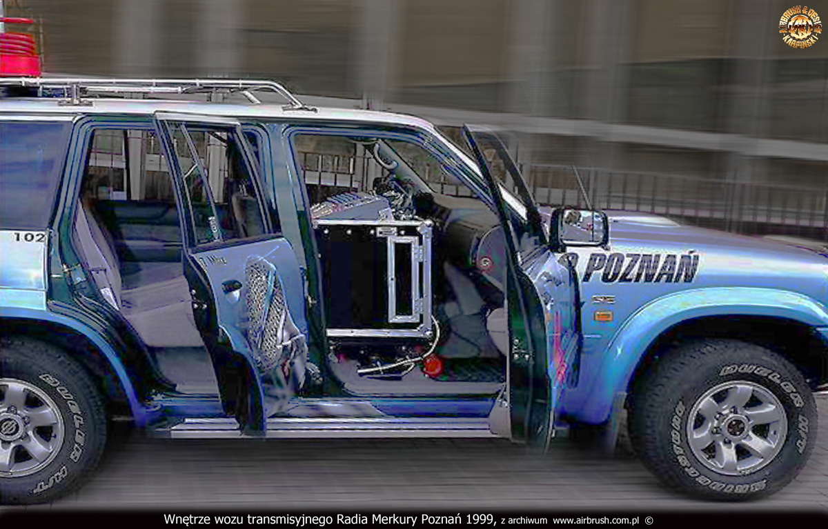 Wyposarzenie techniczne wozu transmisyjnego Radia Merkury Poznań 1999.