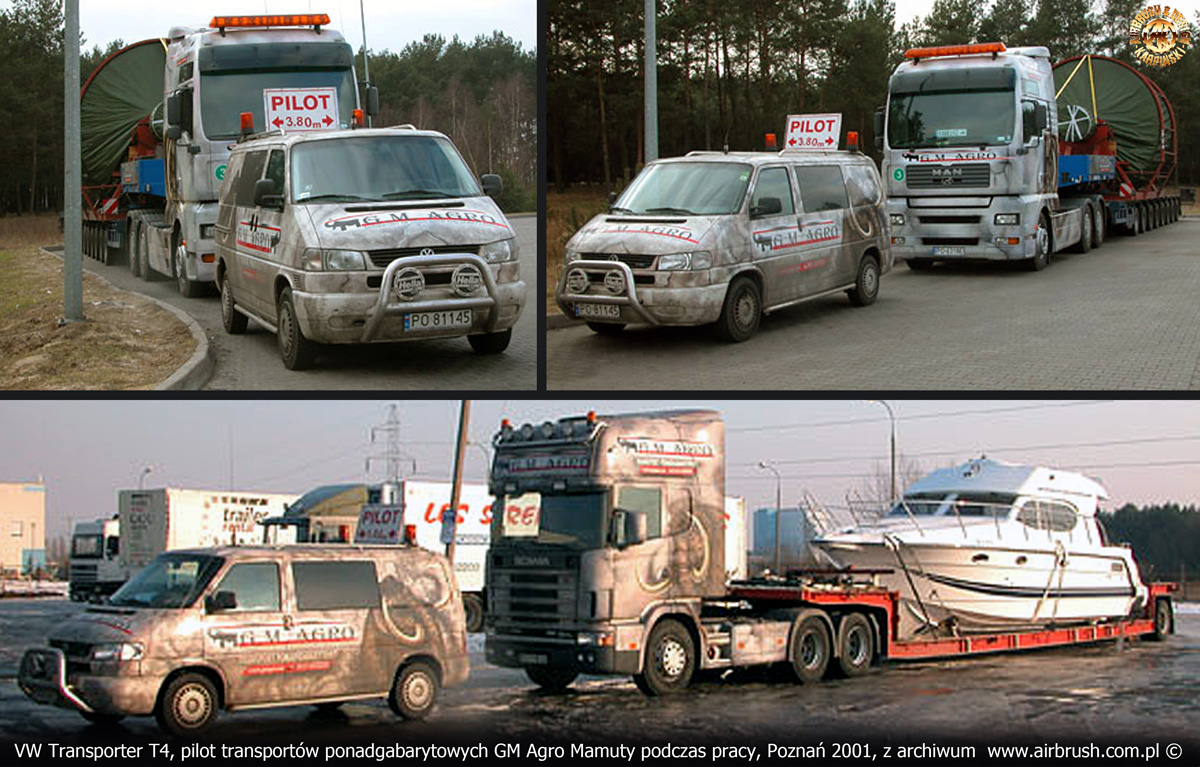 Pomalowany VW Transporter T4 jako pilot konwoju podczas pracy.