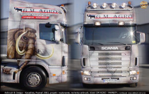 Projekt i reklama na ciągniku siodłowym Scania 124L 400 Topline dla GM AGRO.