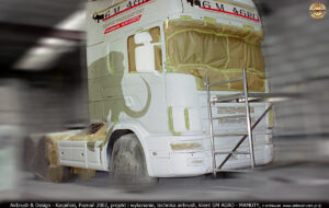 Proces malowania reklamy na ciągniku siodłowym Scania 124L 400 Topline dla GM AGRO.