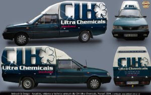 Reklama na samochodzie Polonez Truck w technice airbrush dla CIH Ultra Chemicals, Poznań 2004.