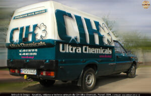 Reklama na samochodzie Polonez Truck w technice airbrush dla CIH Ultra Chemicals, Poznań 2004.