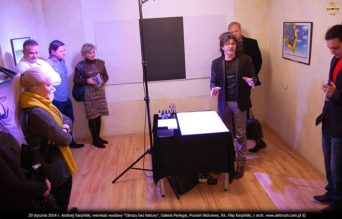 20 stycznia 2014 r. Andrzej Karpiński, wernisaż wystawy “Obrazy bez faktury”, Galeria Perlegal, Poznań-Skórzewo, fot. Filip Karpiński