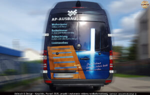 AP-Ausbau-Teren-2020, projekt i wykonanie reklamy drzwi na samochodzie Mercedes Sprinter 319 CDI Maxi.