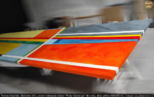 Proces werniksowania obrazu “Mosty Edynburga” dla Linea, akryl, płótno 500x160 cm.
