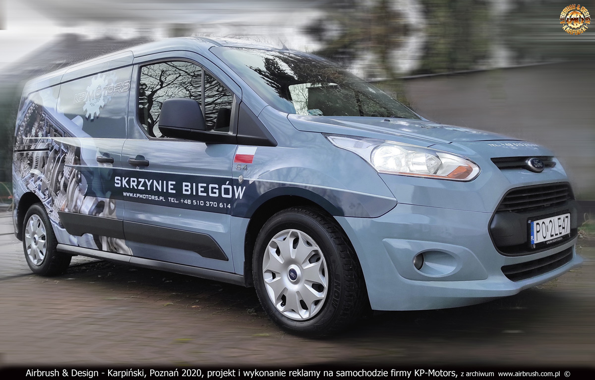 KP-Motors, skrzynie biegów - projekt i wykonanie reklamy na samochodzie Ford Transit Connect 2020 r.