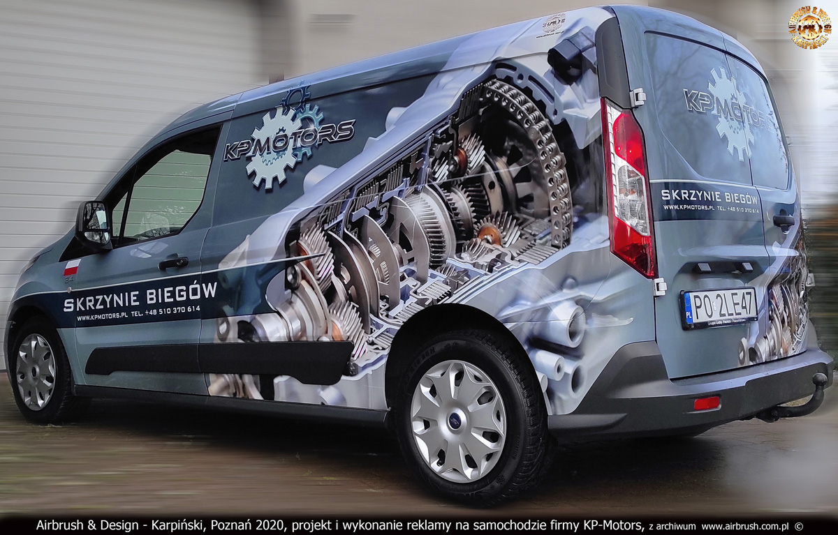KP-Motors, skrzynie biegów - projekt i wykonanie reklamy na samochodzie Ford Transit Connect 2020 r.