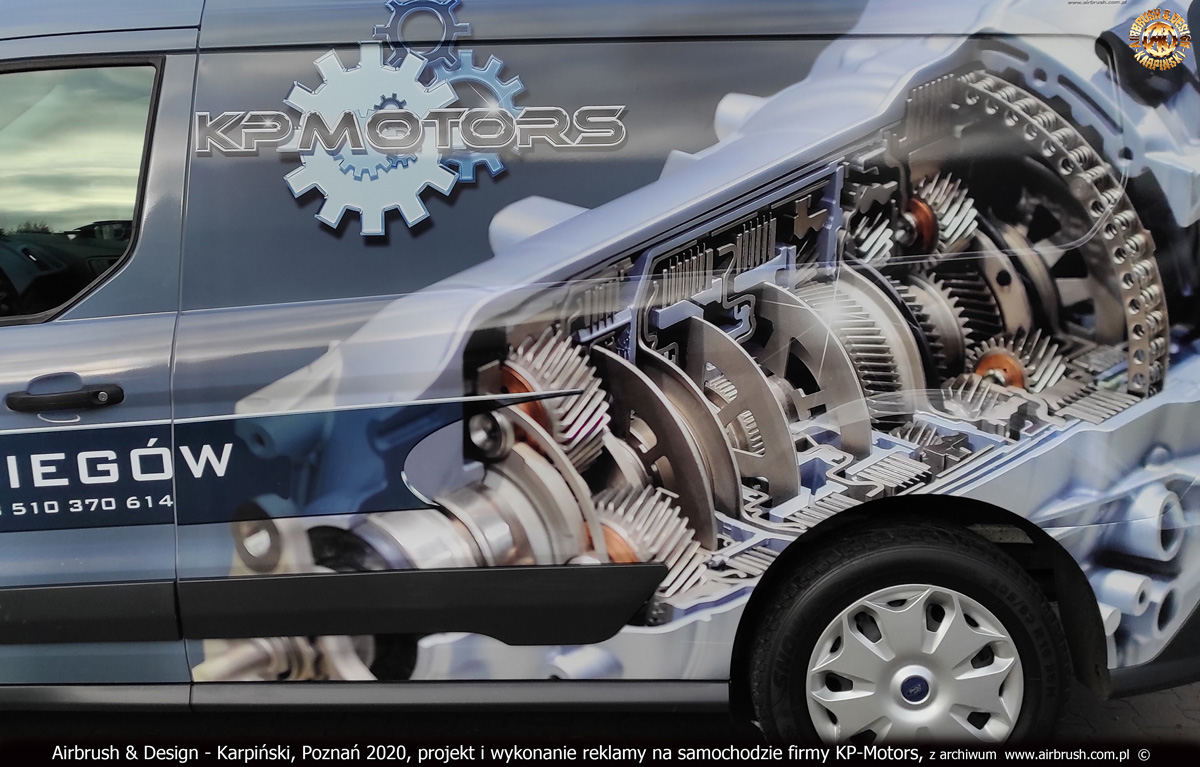 KP-Motors, skrzynie biegów - fragment reklamy na samochodzie Ford Transit Connect 2020 r.