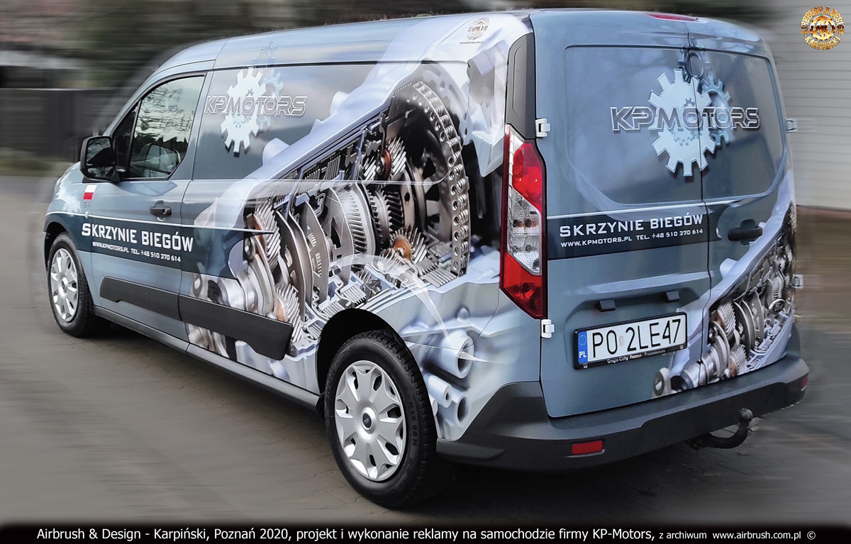 KP-Motors, skrzynie biegów - projekt i wykonanie reklamy na samochodzie Ford Transit Connect 2020 r.