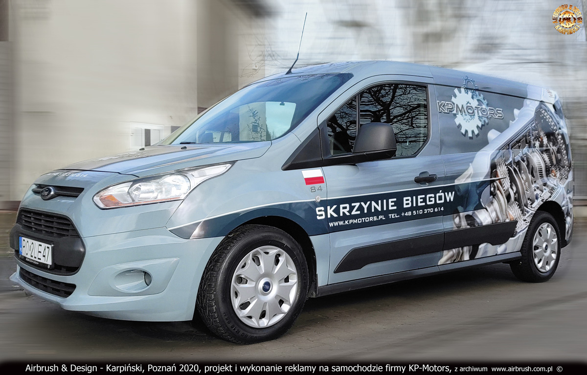 KP-Motors, skrzynie biegów - projekt i wykonanie reklamy na samochodzie Ford Transit Connect 2020 r.