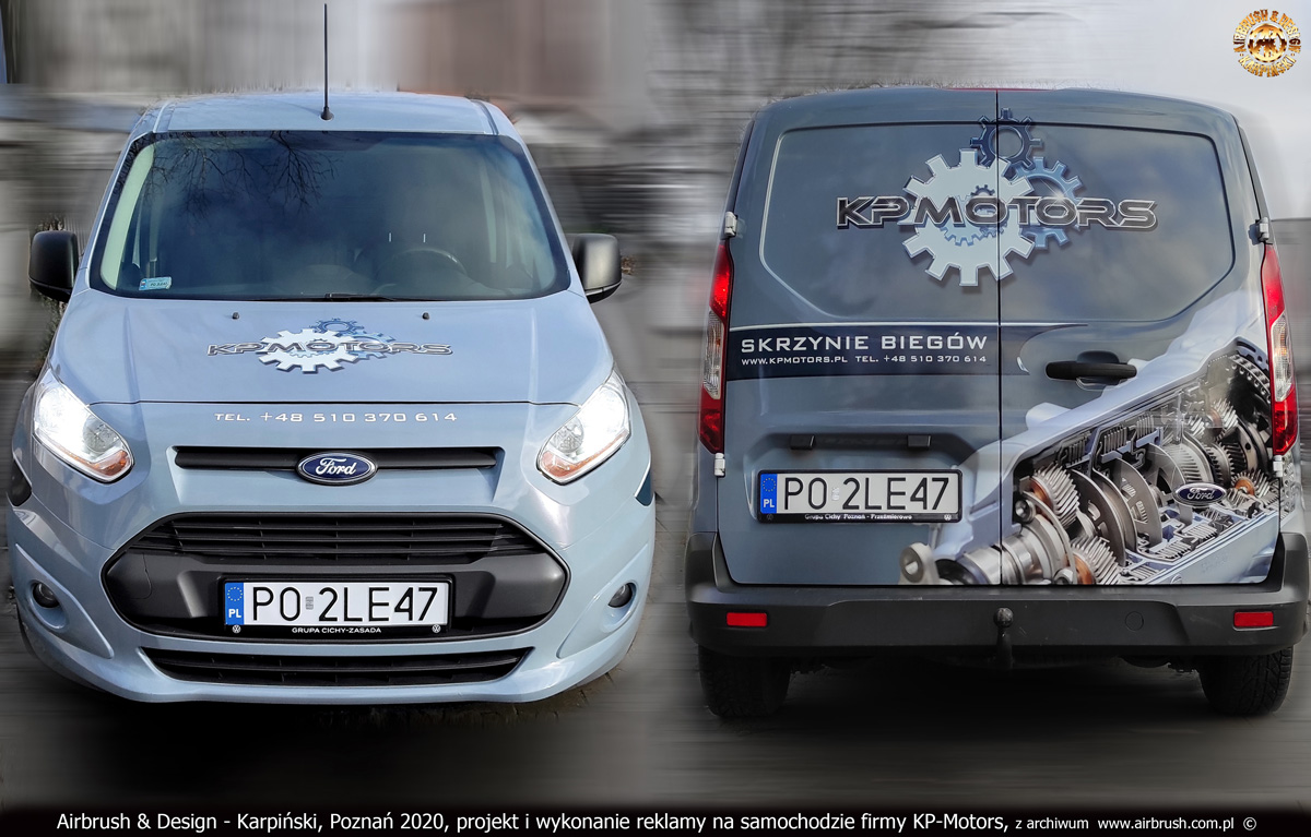 KP-Motors, skrzynie biegów - projekt i wykonanie reklamy na samochodzie Ford Transit Connect 2020 r.