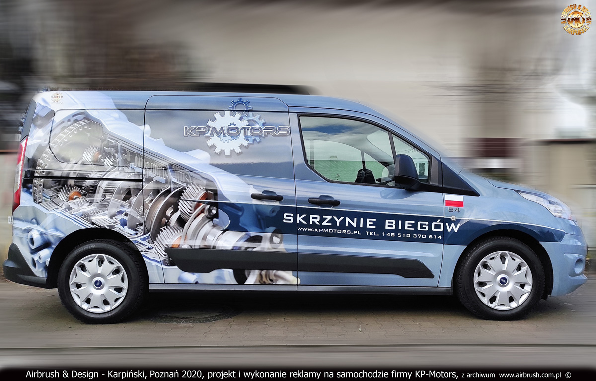 KP-Motors, skrzynie biegów - projekt i wykonanie reklamy na samochodzie Ford Transit Connect 2020 r.