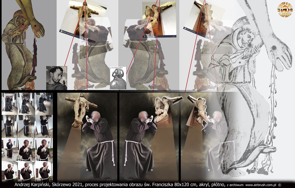 Proces projektowania obrazu "Ujrzany w Arezzo" św. Franciszek 80x120 cm, akryl, płótno. Andrzej Karpiński, Skórzewo 2021.
