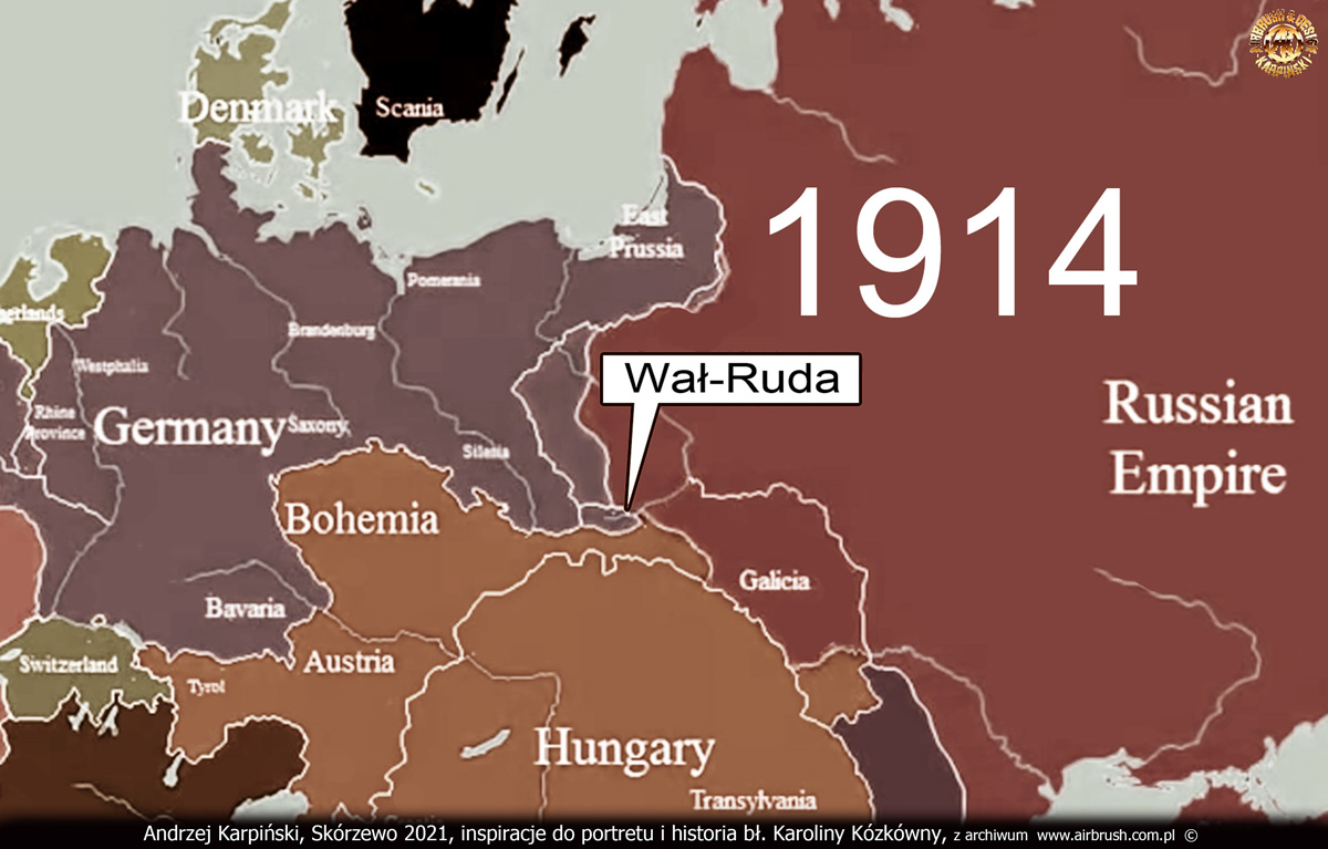 Bł. Karolina Kózkówna, grafika cyfrowa dla Diecezji Tarnowskiej, Andrzej Karpiński 2021 r. Inspiracje historyczne i geograficzne do portretu bł. Karoliny Kózkówny, grafika cyfrowa, Andrzej Karpiński 2021 r.