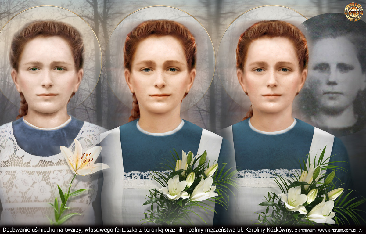 Bł. Karolina Kózkówna, grafika cyfrowa dla Diecezji Tarnowskiej, Andrzej Karpiński 2021 r. Grafika cyfrowa, dodawanie uśmiechu na twarzy, właściwego fartuszka z koronką oraz lilii i palmy męczeństwa bł. Karoliny Kózkówny, Andrzej Karpiński 2021 r.