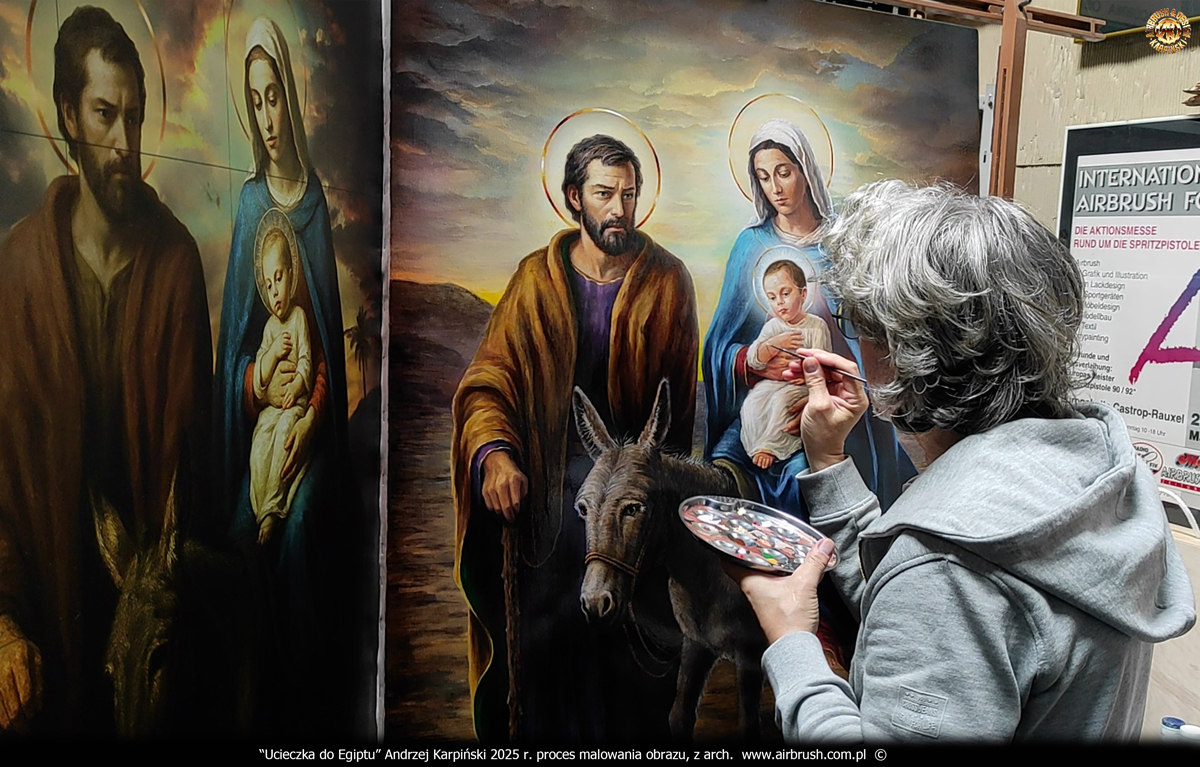 2025-08-07-Andrzej-Karpinski-obraz-Ucieczka-do-Egiptu-Swieta-Rodzina-82-122-30-malowanie-Dzieciatka-Jezus