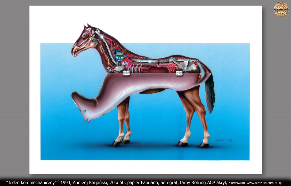 "Jeden koń mechaniczny" `1994, Andrzej Karpiński, format 70x50, papier Fabriano, aerograf, farby Rotring ACP akryl