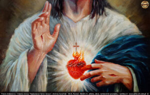 Lewa dłoń wysunięta poza szatę tak, aby palce mogły wskazywać serce. Oraz prawa, w geście błogosławieństwa, z dwoma, złączonymi palcami, na znak dwoistości Jezusa Chrystusa-Boga i człowieka zarazem.