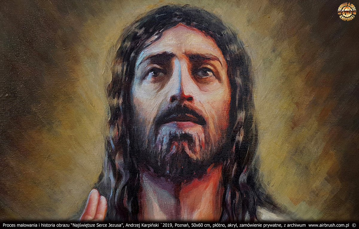 Moim zamierzeniem było odwrócenie uwagi od twarzy Jezusa, a skupienie się na rozgrzanym sercu. Jednak portret musiał być wykonany poprawnie. Zależało mi, aby utrzymać twarz w lekkim cieniu, aby uwagę skierować na serce.