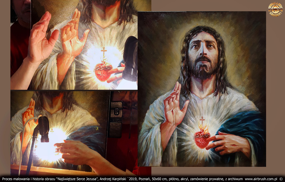 Wszystkie elementy obrazu były gotowe, postanowiłem podświetlić własne dłonie żarówką ustawioną w okolicach serca. Obraz był zaprojektowany w skali 1:1. więc widziałem jak działa światło w rzeczywistości.