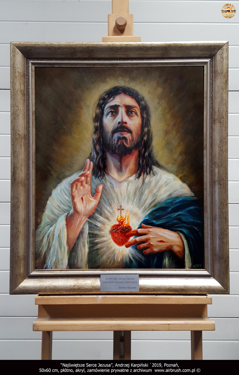 Najświętsze Serce Jezusa, Andrzej Karpiński `2019, Poznań, 50x60 cm, płótno, akryl, zamówienie prywatne.
