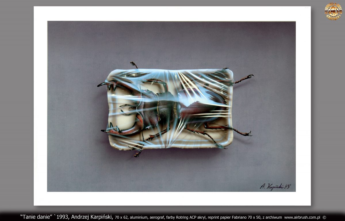 "Tanie danie" `1993, Andrzej Karpiński, format 70x62, aluminium, aerograf, farby Rotring ACP akryl, papier Fabriano 70x50