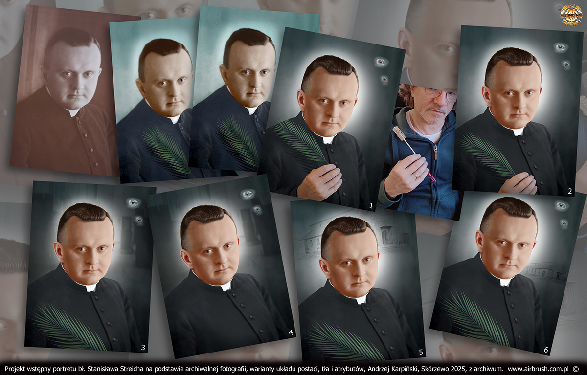 Projekt wstępny portretu bł. Stanisława Streicha na podstawie archiwalnej fotografii, warianty układu postaci, tła i atrybutów, Andrzej Karpiński, Skórzewo 2025 Projekt wstępny portretu bł. Stanisława Streicha na podstawie archiwalnej fotografii, warianty układu postaci, tła i atrybutów, Andrzej Karpiński, Skórzewo 2025