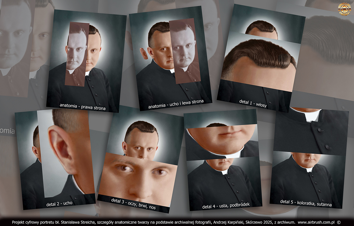 Projekt cyfrowy portretu bł. Stanisława Streicha, szczegóły anatomiczne twarzy na podstawie archiwalnej fotografii, Andrzej Karpiński, Skórzewo 2025 Projekt cyfrowy portretu bł. Stanisława Streicha, szczegóły anatomiczne twarzy na podstawie archiwalnej fotografii, Andrzej Karpiński, Skórzewo 2025