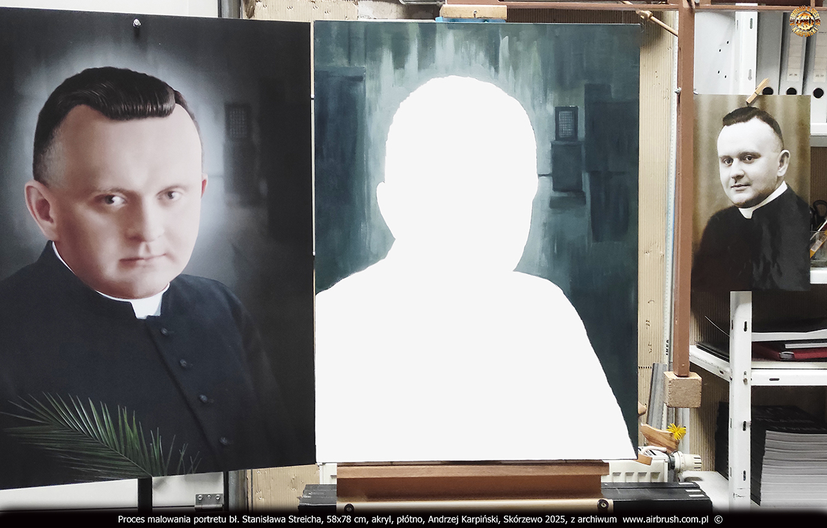 Proces malowania portretu bł. Stanisława Streicha, tło przedstawiające wnętrze nawy bocznej kościoła, Andrzej Karpiński, Skórzewo 2025 Proces malowania portretu bł. Stanisława Streicha, tło przedstawiające wnętrze nawy bocznej kościoła, Andrzej Karpiński, Skórzewo 2025