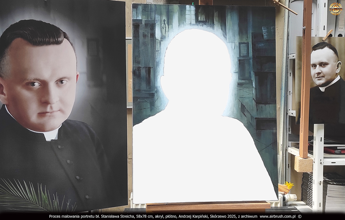 Proces malowania portretu bł. Stanisława Streicha, tło przedstawiające wnętrze nawy bocznej kościoła, Andrzej Karpiński, Skórzewo 2025 Proces malowania portretu bł. Stanisława Streicha, tło przedstawiające wnętrze nawy bocznej kościoła, Andrzej Karpiński, Skórzewo 2025