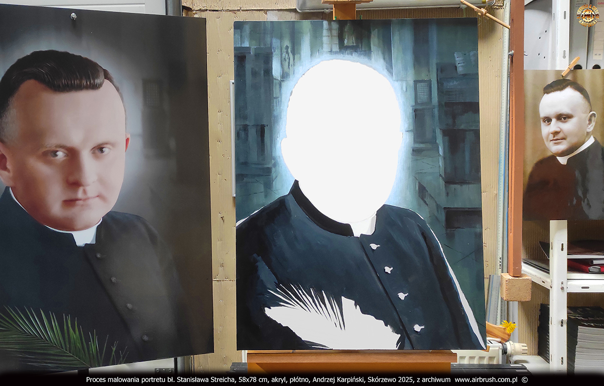 Proces malowania portretu bł. Stanisława Streicha, tło przedstawiające wnętrze nawy bocznej kościoła, Andrzej Karpiński, Skórzewo 2025 Proces malowania portretu bł. Stanisława Streicha, tło przedstawiające wnętrze nawy bocznej kościoła, Andrzej Karpiński, Skórzewo 2025