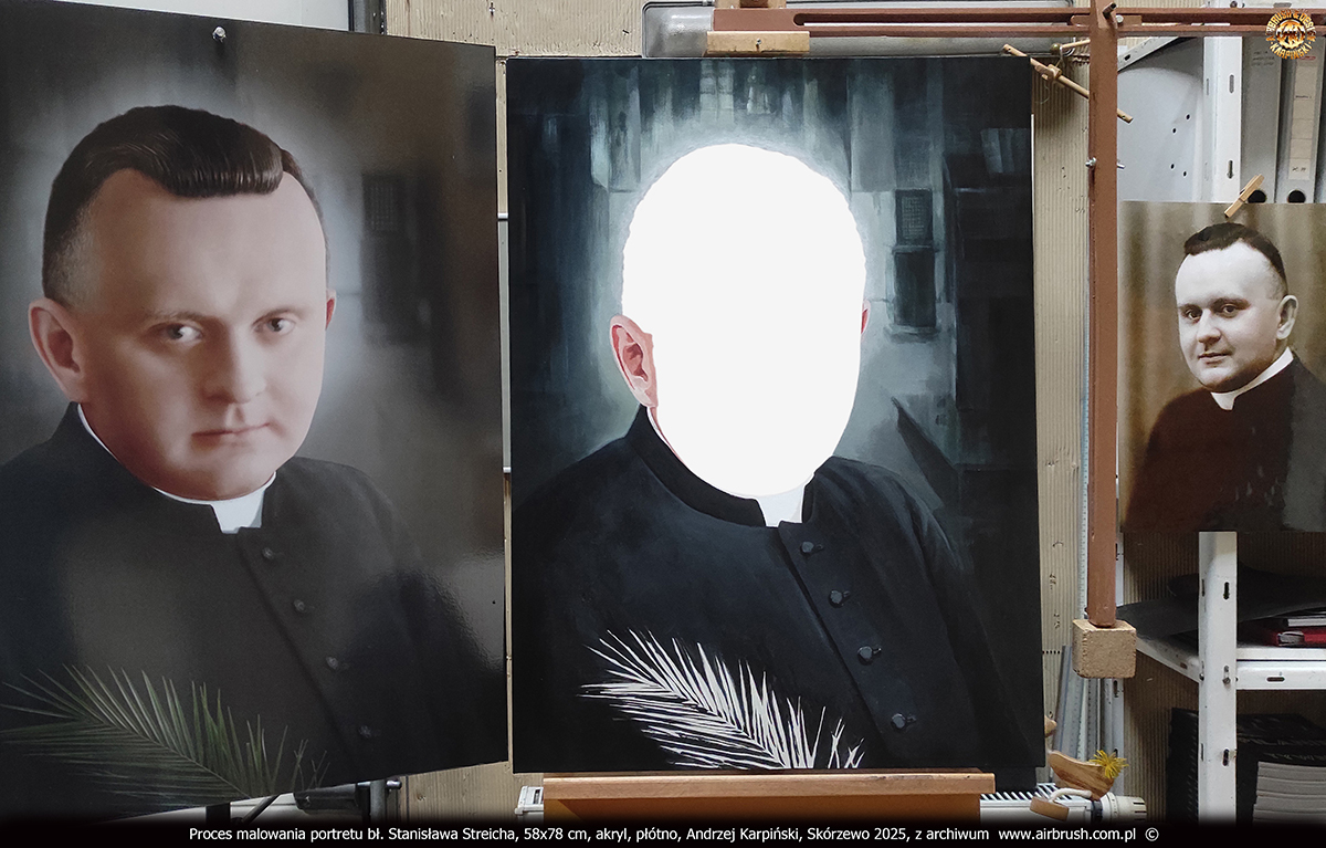 Proces malowania portretu bł. Stanisława Streicha, tło przedstawiające wnętrze nawy bocznej kościoła oraz malowanie sutanny i ucha, Andrzej Karpiński, Skórzewo 2025 Proces malowania portretu bł. Stanisława Streicha, tło przedstawiające wnętrze nawy bocznej kościoła oraz malowanie sutanny i ucha, Andrzej Karpiński, Skórzewo 2025